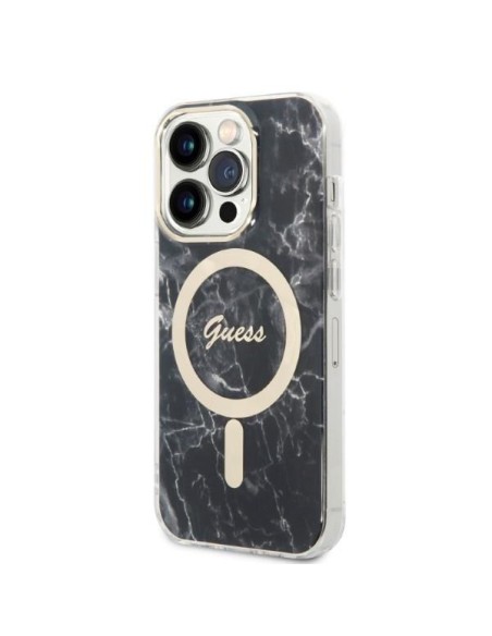 Guess Marble MagSafe dėklas skirtas iPhone 14 Pro + indukcinis įkroviklis - juodas