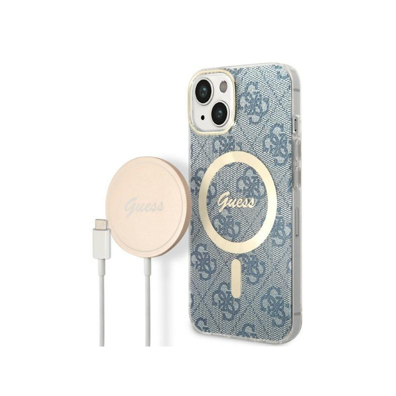 Guess 4G Print MagSafe dėklas skirtas iPhone 14 Plus + indukcinis įkroviklis - mėlynas Guess 4G Print MagSafe dėklas skirtas iPhone 14 Plus + indukcinis įkroviklis - mėlynas