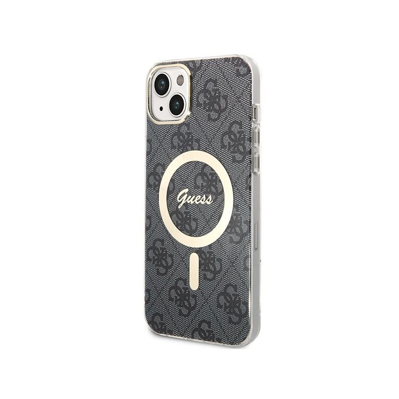 Guess 4G Print MagSafe dėklas, skirtas iPhone 14 Plus + indukcinis įkroviklis - juodas