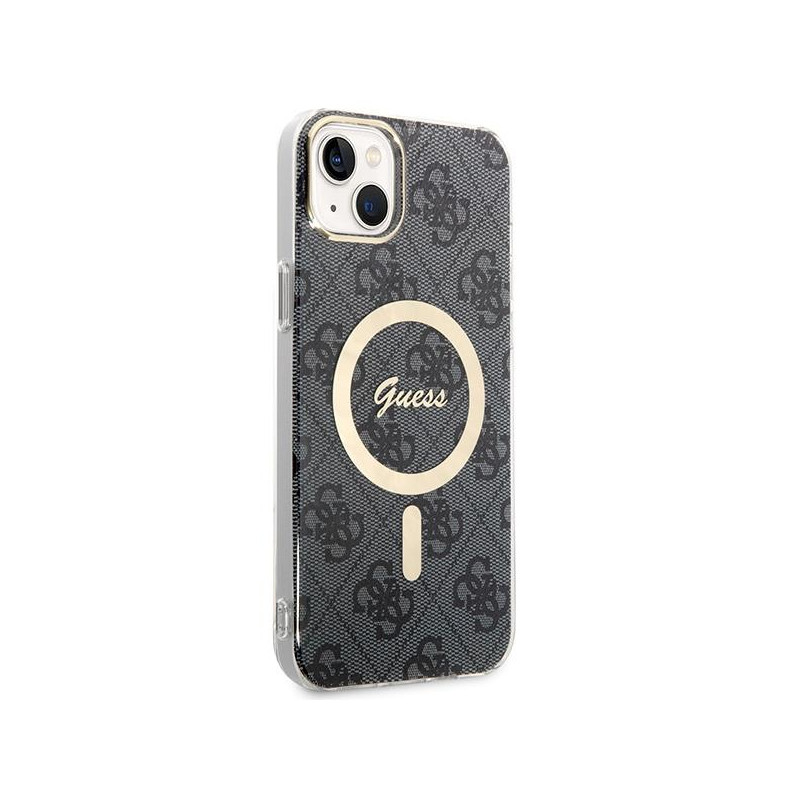 Guess 4G Print MagSafe dėklas, skirtas iPhone 14 Plus + indukcinis įkroviklis - juodas