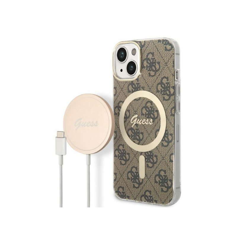 Guess 4G Print MagSafe dėklas iPhone 14 Plus + indukcinis įkroviklis - rudas Guess 4G Print MagSafe dėklas iPhone 14 Plus + indukcinis įkroviklis - rudas