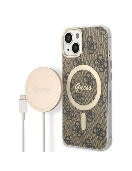 Guess 4G Print MagSafe dėklas iPhone 14 Plus + indukcinis įkroviklis - rudas