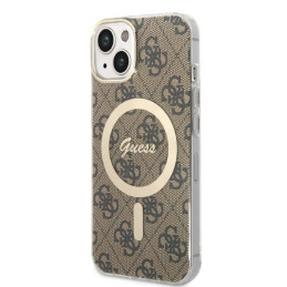 Guess 4G Print MagSafe dėklas iPhone 14 Plus + indukcinis įkroviklis - rudas