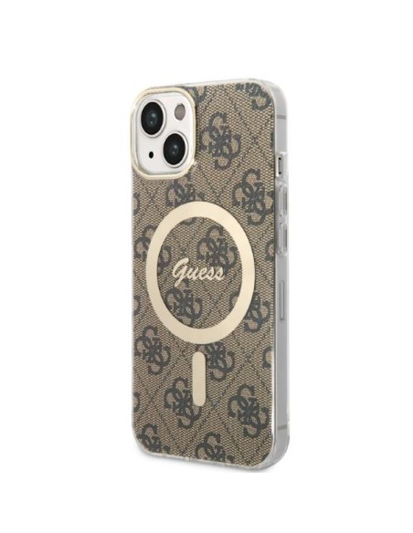 Guess 4G Print MagSafe dėklas iPhone 14 Plus + indukcinis įkroviklis - rudas