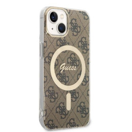 Guess 4G Print MagSafe dėklas iPhone 14 Plus + indukcinis įkroviklis - rudas