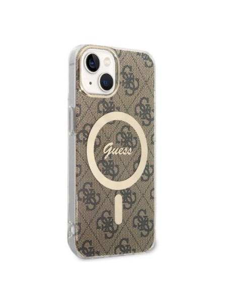 Guess 4G Print MagSafe dėklas iPhone 14 Plus + indukcinis įkroviklis - rudas