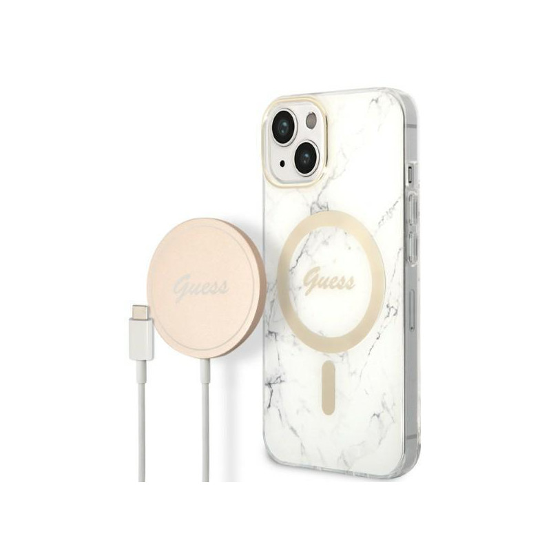 Guess Marble MagSafe dėklas skirtas iPhone 14 Plus + indukcinis įkroviklis - baltas