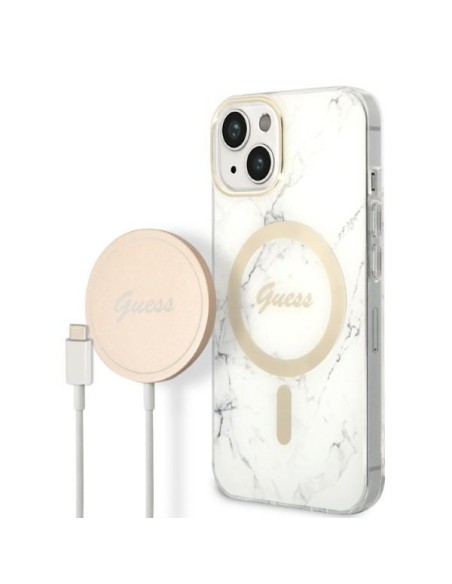 Guess Marble MagSafe dėklas skirtas iPhone 14 Plus + indukcinis įkroviklis - baltas