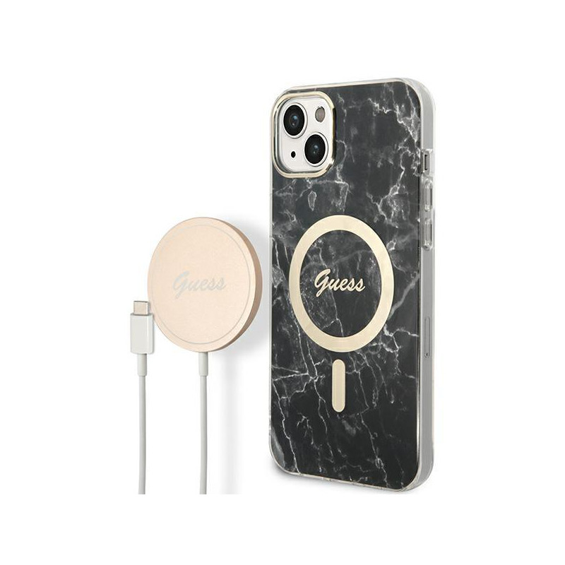 Guess Marble MagSafe dėklas skirtas iPhone 14 Plus + indukcinis įkroviklis - juodas Guess Marble MagSafe dėklas skirtas iPhone 14 Plus + indukcinis įkroviklis - juodas