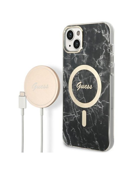 Guess Marble MagSafe dėklas skirtas iPhone 14 Plus + indukcinis įkroviklis - juodas Guess Marble MagSafe dėklas skirtas iPhone 14 Plus + indukcinis įkroviklis - juodas