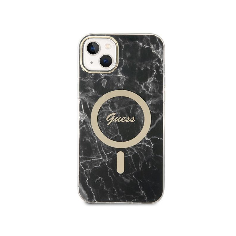 Guess Marble MagSafe dėklas skirtas iPhone 14 Plus + indukcinis įkroviklis - juodas