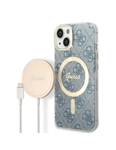 Guess 4G Print MagSafe dėklas, skirtas iPhone 14 + indukcinis įkroviklis - mėlynas Guess 4G Print MagSafe dėklas, skirtas iPhone 14 + indukcinis įkroviklis - mėlynas