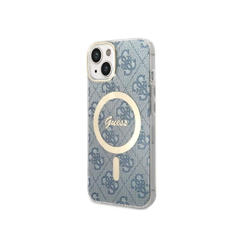 Guess 4G Print MagSafe dėklas, skirtas iPhone 14 + indukcinis įkroviklis - mėlynas