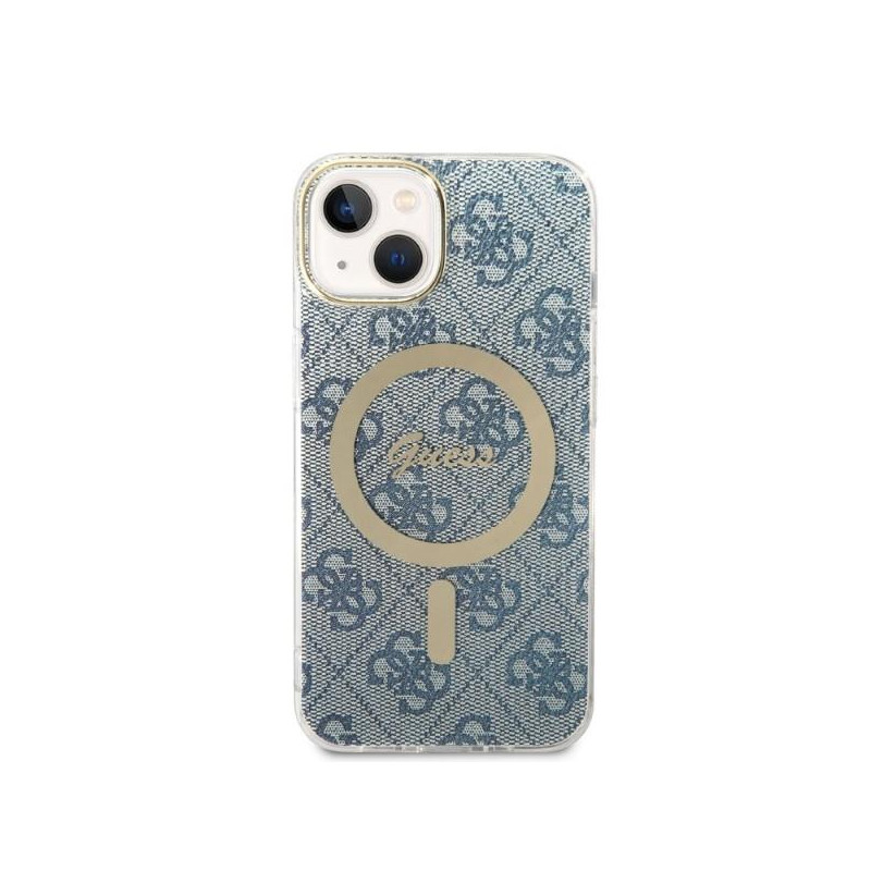 Guess 4G Print MagSafe dėklas, skirtas iPhone 14 + indukcinis įkroviklis - mėlynas