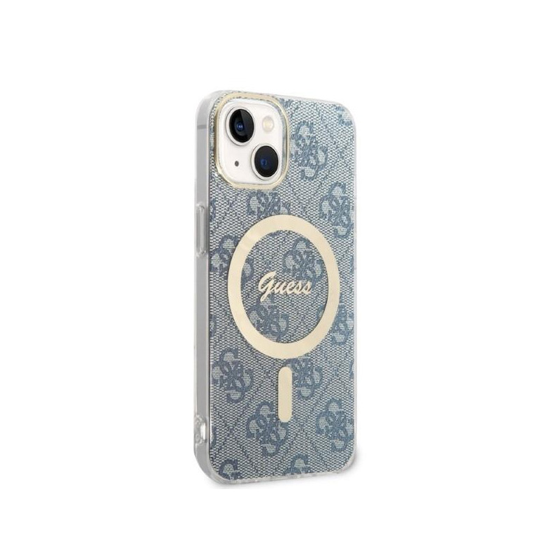 Guess 4G Print MagSafe dėklas, skirtas iPhone 14 + indukcinis įkroviklis - mėlynas