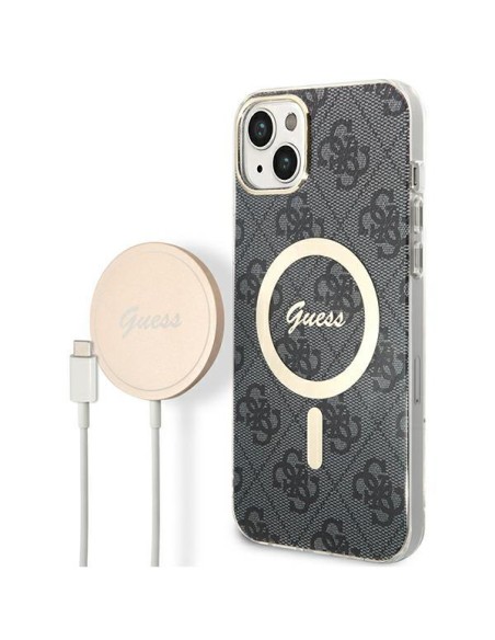 Guess 4G Print MagSafe dėklas, skirtas iPhone 14 + indukcinis įkroviklis - juodas