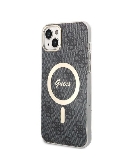 Guess 4G Print MagSafe dėklas, skirtas iPhone 14 + indukcinis įkroviklis - juodas