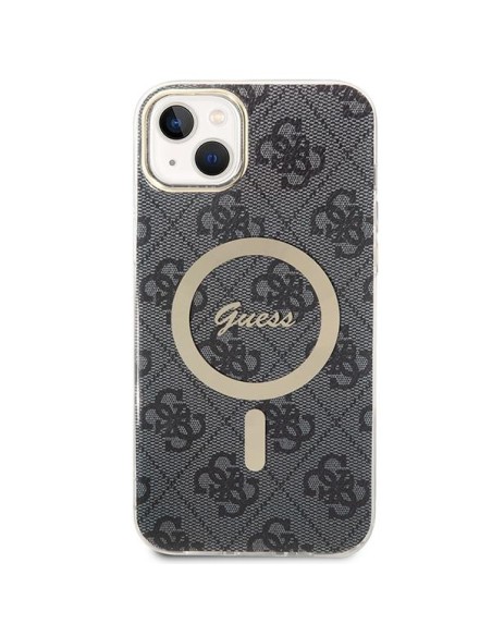 Guess 4G Print MagSafe dėklas, skirtas iPhone 14 + indukcinis įkroviklis - juodas