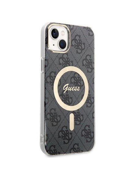 Guess 4G Print MagSafe dėklas, skirtas iPhone 14 + indukcinis įkroviklis - juodas