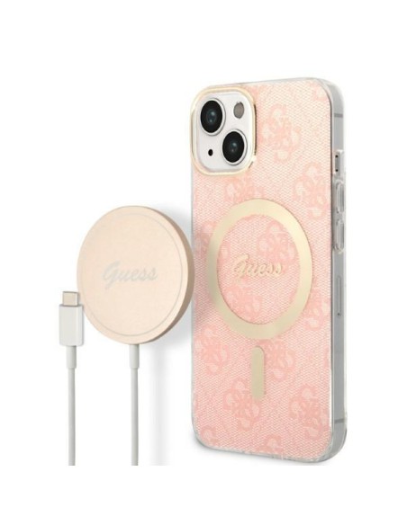 Guess Marble MagSafe dėklas skirtas iPhone 14 + indukciniam įkrovikliui - rožinė Guess Marble MagSafe dėklas skirtas iPhone 14 + indukciniam įkrovikliui - rožinė