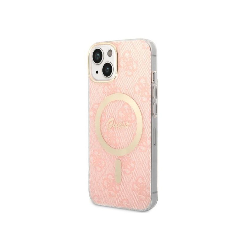 Guess Marble MagSafe dėklas skirtas iPhone 14 + indukciniam įkrovikliui - rožinė