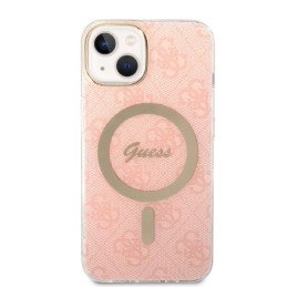 Guess Marble MagSafe dėklas skirtas iPhone 14 + indukciniam įkrovikliui - rožinė