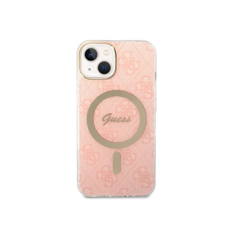 Guess Marble MagSafe dėklas skirtas iPhone 14 + indukciniam įkrovikliui - rožinė