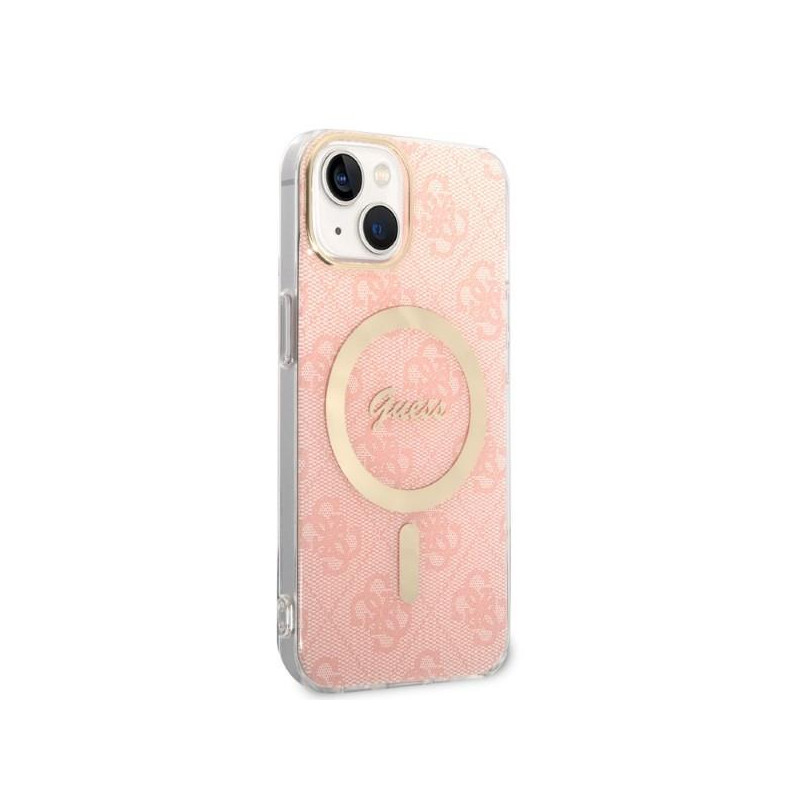 Guess Marble MagSafe dėklas skirtas iPhone 14 + indukciniam įkrovikliui - rožinė