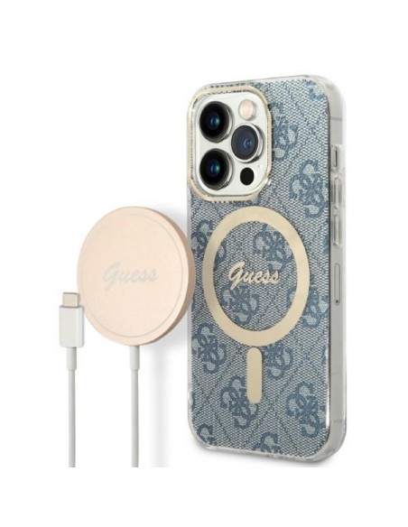 Guess 4G Print MagSafe dėklas, skirtas iPhone 14 Pro Max + indukcinis įkroviklis - mėlynas Guess 4G Print MagSafe dėklas, skirtas iPhone 14 Pro Max + indukcinis įkroviklis - mėlynas