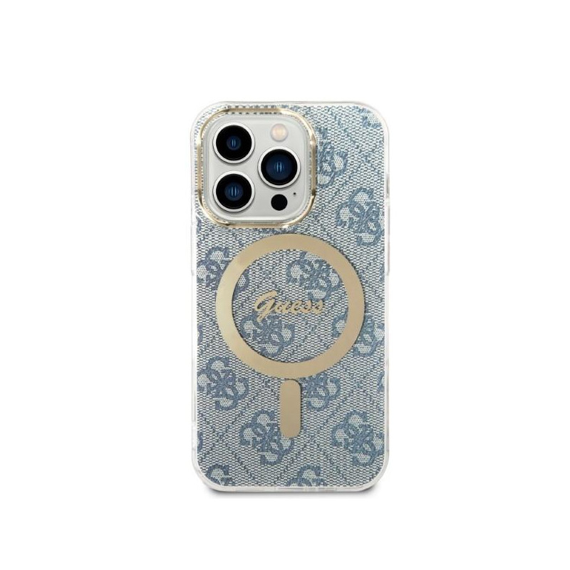 Guess 4G Print MagSafe dėklas, skirtas iPhone 14 Pro Max + indukcinis įkroviklis - mėlynas