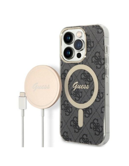 Guess 4G Print MagSafe dėklas, skirtas iPhone 14 Pro Max + indukcinis įkroviklis - juodas Guess 4G Print MagSafe dėklas, skirtas iPhone 14 Pro Max + indukcinis įkroviklis - juodas