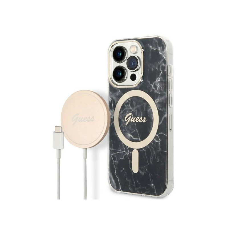 Guess Marble MagSafe dėklas skirtas iPhone 14 Pro Max + indukcinis įkroviklis - juodas Guess Marble MagSafe dėklas skirtas iPhone 14 Pro Max + indukcinis įkroviklis - juodas