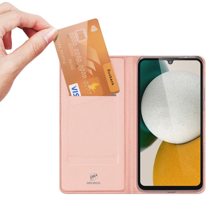„Dux Ducis Skin Pro“ dėklas, skirtas „Samsung Galaxy A34 5G“, atverčiamas dangtelis kortelės piniginės stovas, rožinis