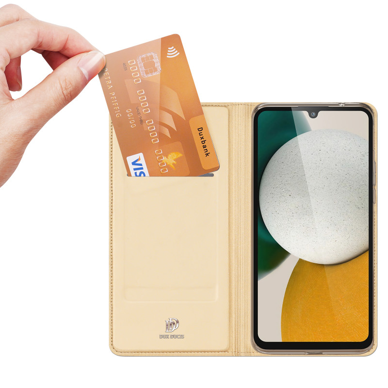 Dux Ducis Skin Pro dėklas, skirtas Samsung Galaxy A34 5G atverčiamas dangtelis kortelės piniginės stovas auksinis