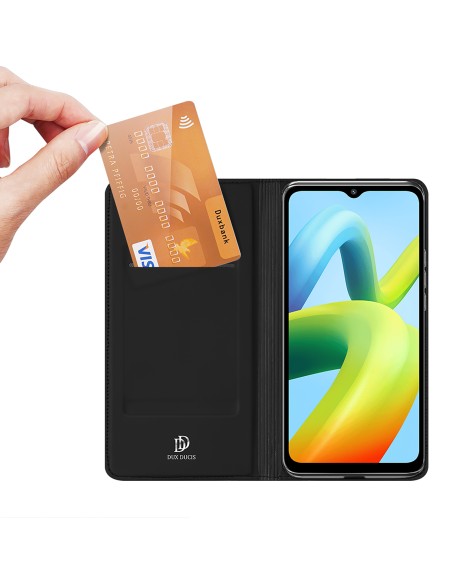 Dux Ducis Skin Pro dėklas, skirtas Xiaomi Redmi A1+ atverčiamas dangtelis kortelės piniginės stovas juodas
