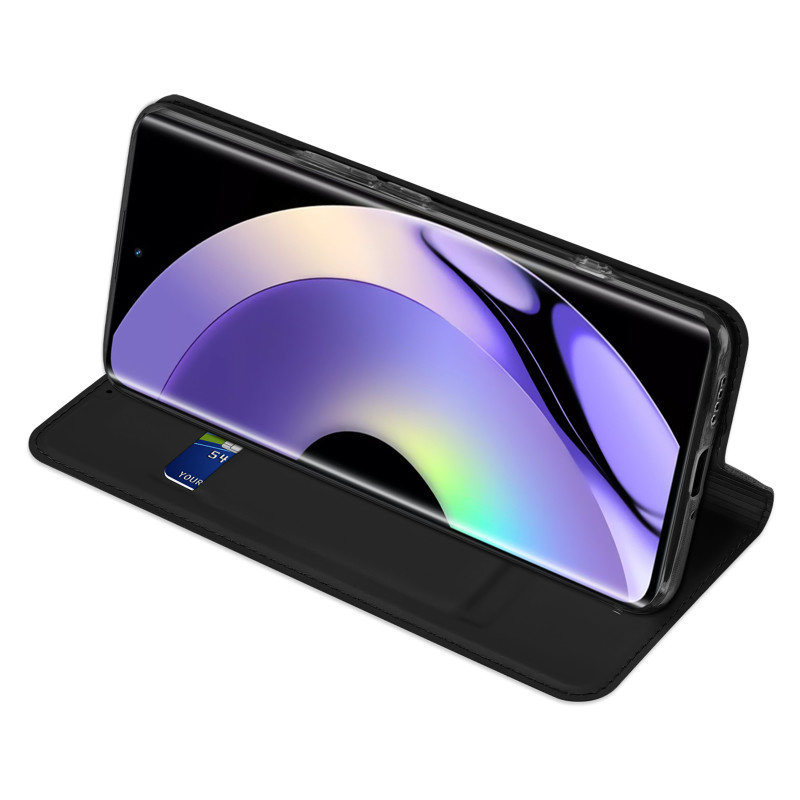 Dux Ducis Skin Pro dėklas, skirtas Realme 10 Pro+ atverčiamas dangtelis kortelės piniginės stovui, juodas