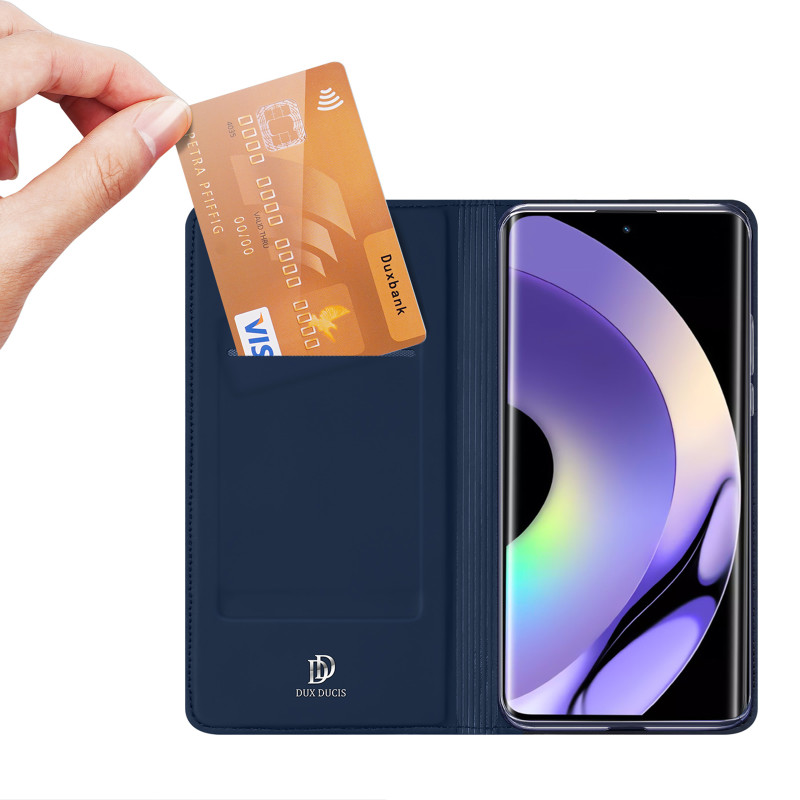 „Dux Ducis Skin Pro“ dėklas, skirtas „Realme 10 Pro+“ atverčiamas dangtelis kortelės piniginės stovui, mėlynas
