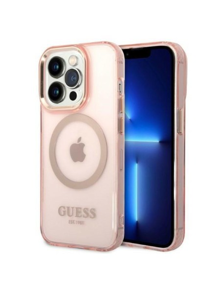 Guess Gold Outline permatomas MagSafe dėklas, skirtas iPhone 14 Pro – rožinis Guess Gold Outline permatomas MagSafe dėklas, skirtas iPhone 14 Pro – rožinis