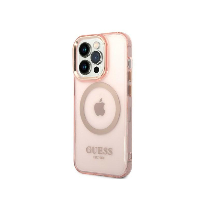 Guess Gold Outline permatomas MagSafe dėklas, skirtas iPhone 14 Pro – rožinis