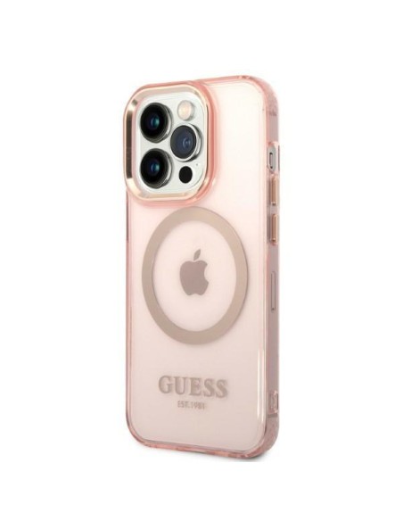 Guess Gold Outline permatomas MagSafe dėklas, skirtas iPhone 14 Pro – rožinis Guess Gold Outline permatomas MagSafe dėklas, skirtas iPhone 14 Pro – rožinis