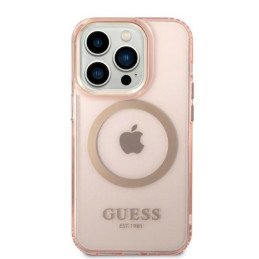 Guess Gold Outline permatomas MagSafe dėklas, skirtas iPhone 14 Pro – rožinis