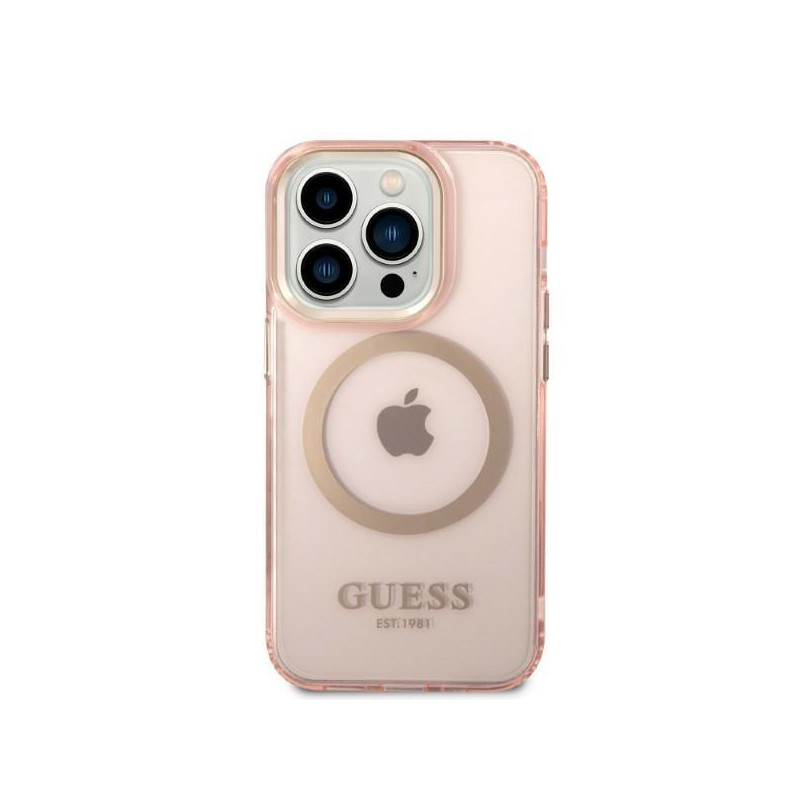 Guess Gold Outline permatomas MagSafe dėklas, skirtas iPhone 14 Pro – rožinis