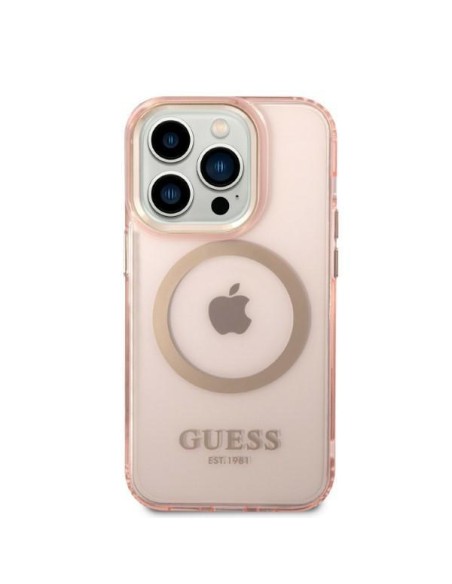 Guess Gold Outline permatomas MagSafe dėklas, skirtas iPhone 14 Pro – rožinis Guess Gold Outline permatomas MagSafe dėklas, skirtas iPhone 14 Pro – rožinis