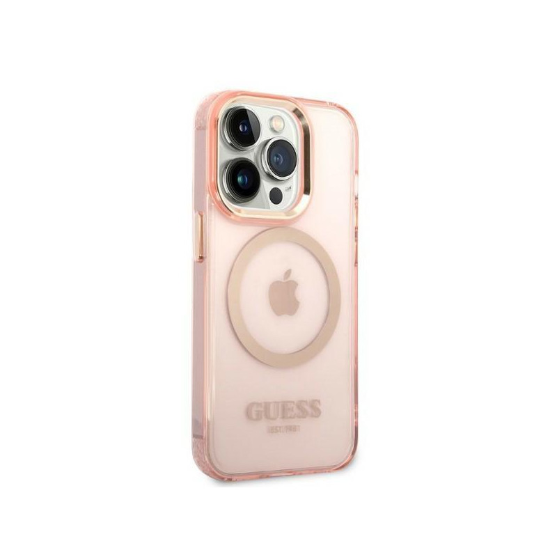Guess Gold Outline permatomas MagSafe dėklas, skirtas iPhone 14 Pro – rožinis