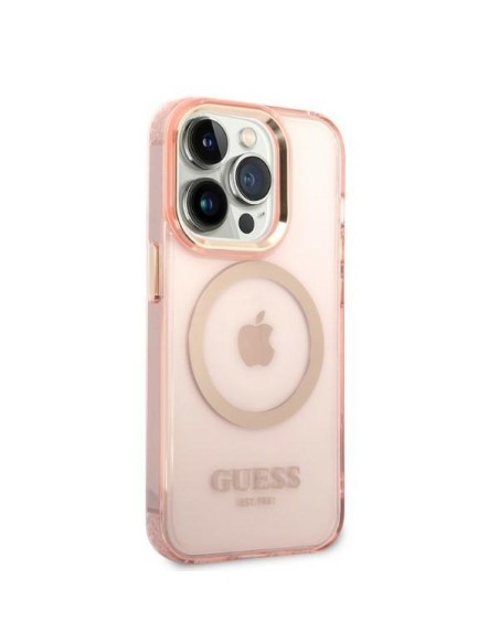 Guess Gold Outline permatomas MagSafe dėklas, skirtas iPhone 14 Pro – rožinis Guess Gold Outline permatomas MagSafe dėklas, skirtas iPhone 14 Pro – rožinis