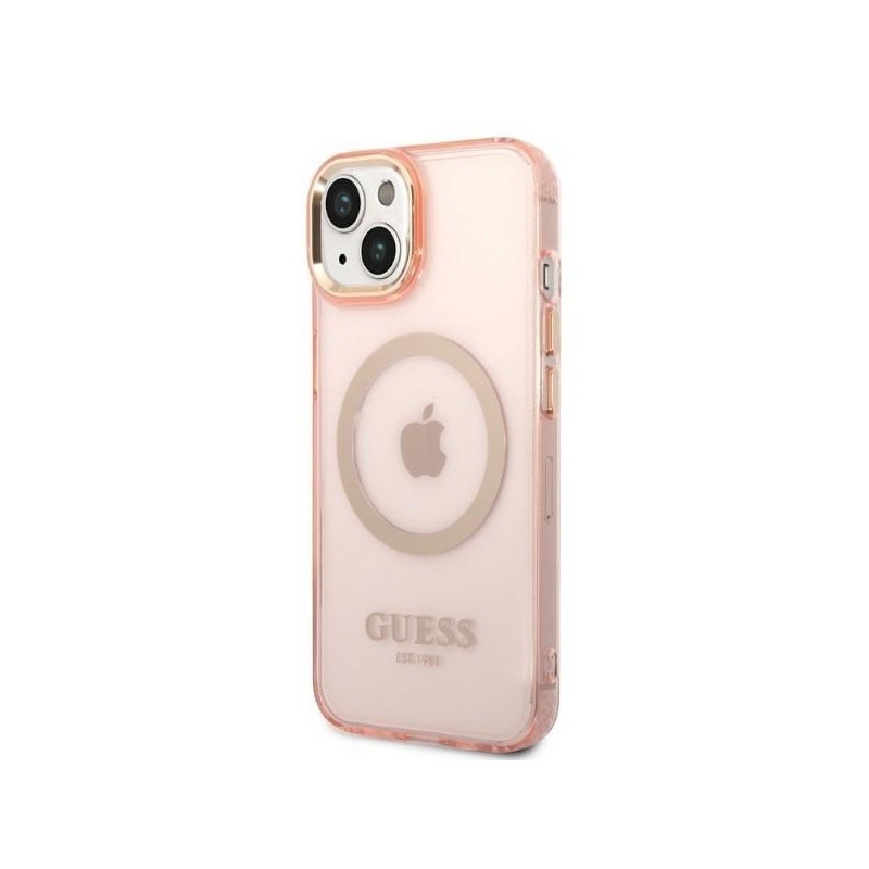 Guess Gold Outline permatomas MagSafe dėklas, skirtas iPhone 14 Plus – rožinis