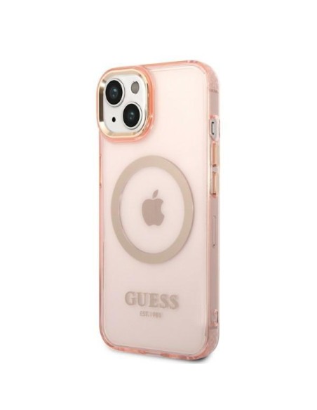 Guess Gold Outline permatomas MagSafe dėklas, skirtas iPhone 14 Plus – rožinis Guess Gold Outline permatomas MagSafe dėklas, skirtas iPhone 14 Plus – rožinis