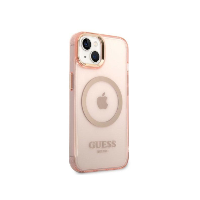 Guess Gold Outline permatomas MagSafe dėklas, skirtas iPhone 14 Plus – rožinis
