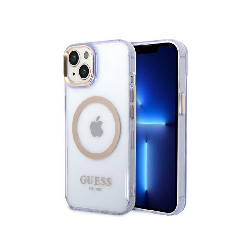 Guess Gold Outline permatomas MagSafe dėklas, skirtas iPhone 14 - violetinė Guess Gold Outline permatomas MagSafe dėklas, skirtas iPhone 14 - violetinė
