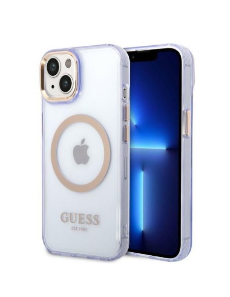 Guess Gold Outline permatomas MagSafe dėklas, skirtas iPhone 14 - violetinė Guess Gold Outline permatomas MagSafe dėklas, skirtas iPhone 14 - violetinė